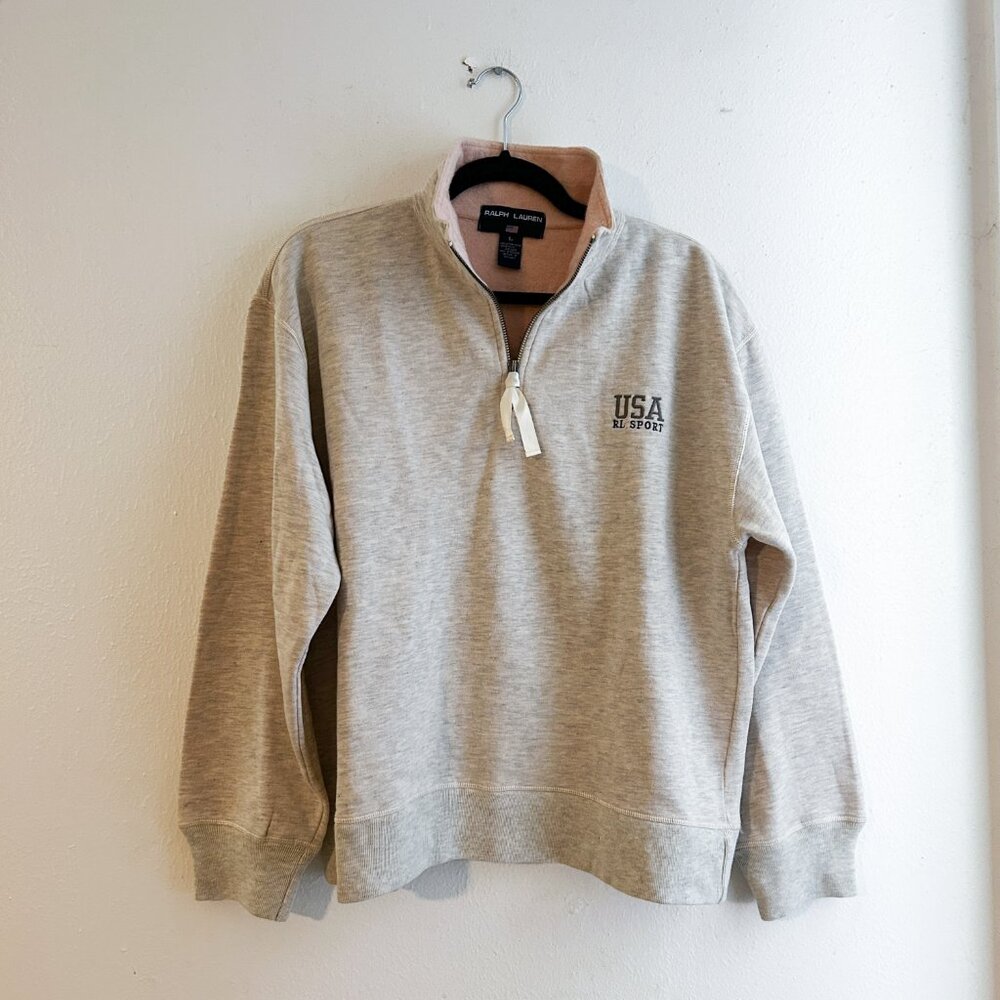 VINTAGE Y2K Ralph Lauren Sport Quarter Zip Spell Out USA Pullover w/Ribbon Pull - Picture 2 of 7